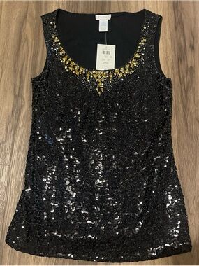Cache Black Sequin Tank with Gold Beaded Neckline